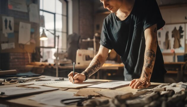 Artisan Craftsman Focused on Design in Workshop.