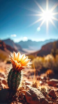Blooming Cactus Flower in Sunny Desert Landscape with Bright Sunburst and Blue Sky Copy Space