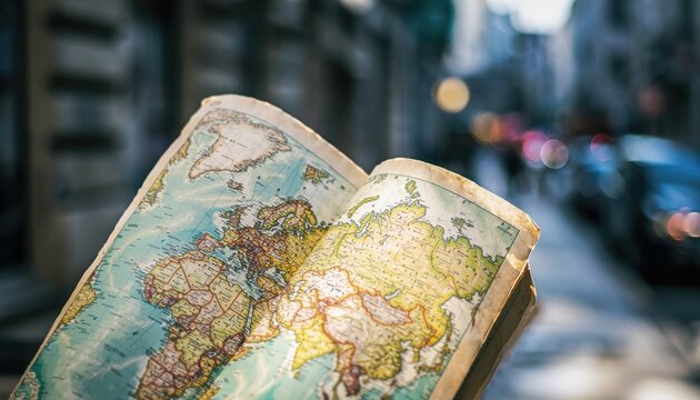 Old World Map Held Open in a City Street.