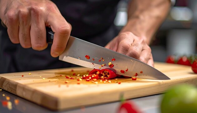 Chefs Hands Slicing Red Chili Peppers on Wooden Cutting Board.