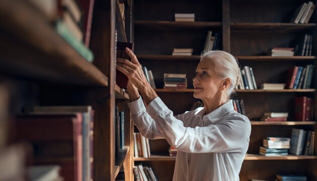 Elderly Woman Selecting Book from Library Shelf.
