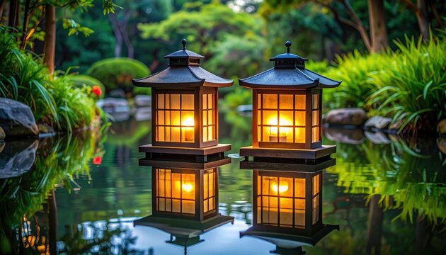 Two illuminated Japanese lanterns reflected in tranquil water surrounded by lush greenery.