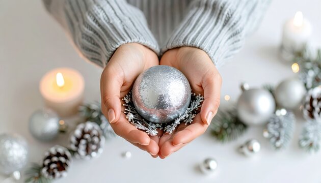Hands holding a silver Christmas ornament surrounded by festive decorations.