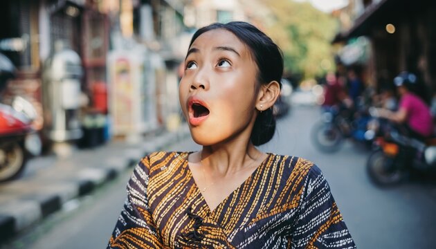 Young Asian Woman Expresses Shock and Surprise on a Busy Street.