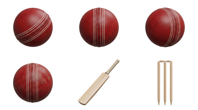 Collection of red leather cricket balls, wooden bat, and wicket stumps for sports equipment and game... isolated on a transparent background
