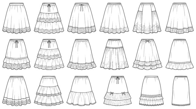 flat vector technical drawing collection of women skirt styles