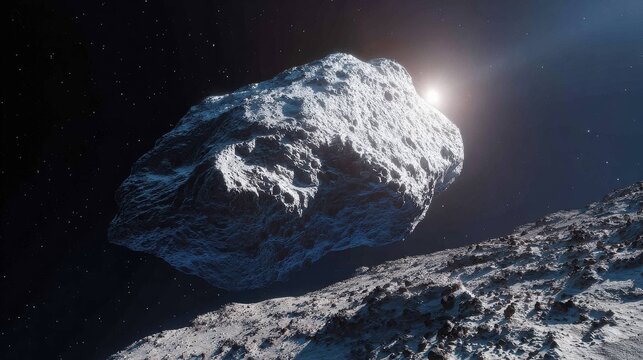 Massive comet nucleus illuminated by brilliant sunlight in deep space with crystalline facets reflecting the star