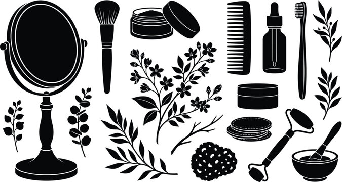 Skincare and beauty vanity routine vector set featuring black silhouette icons of a tabletop mirror, makeup brush, jade roller, serum dropper, comb, and botanical leaves