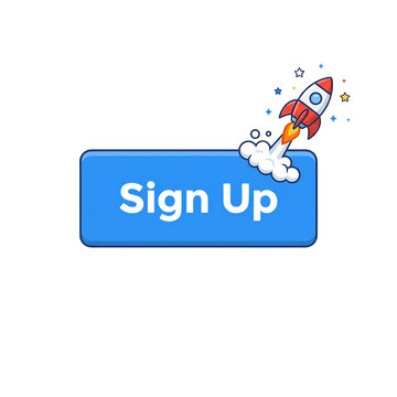 Blue sign up button with launching rocket vector illustration   