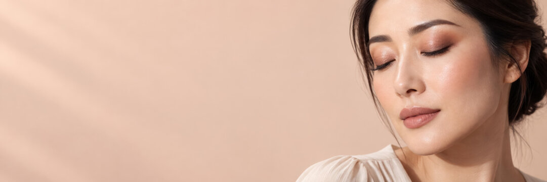Young Asian woman with closed eyes and natural makeup poses against a soft beige background, highlighting skincare and beauty concepts.