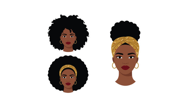 Beautiful black woman portrait vector cartoon set with natural afro hairstyles isolated on white background