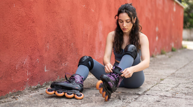 Athletic young woman sitting outdoors putting on her inline skates next to a red wall