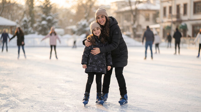 Happy mother and daughter embracing on an outdoor ice skating rink during winter
