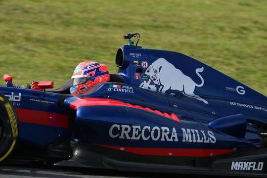 Scarperia, Italy - October 2th 2026: Dallara World Series V8 T12 Gibson Evo of year 2012 drive by unknown in action during practice session at Mugello Circuit.