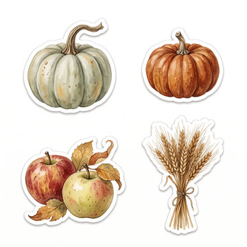 Autumn harvest stickers, pumpkin with curved stem, miniature burnt-orange pumpkin, heirloom apples, bundle of golden wheat stalks tied with natural twine. Soft vintage watercolor with gouache texture.