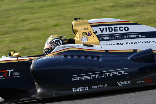Scarperia, Italy - October 2th 2026: Dallara World Series V8 T12 Gibson Evo of year 2012 drive by unknown in action during practice session at Mugello Circuit.