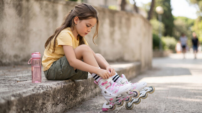 Little girl sitting on outdoor steps putting on her inline skates