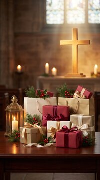Christmas gifts piled on a table in front of a glowing wooden cross inside a church