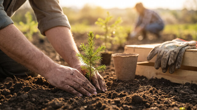 Hands planting young pine tree seedling in fertile soil for reforestation and sustainability. Concept of agriculture, sapling, ecology, environmental conservation.