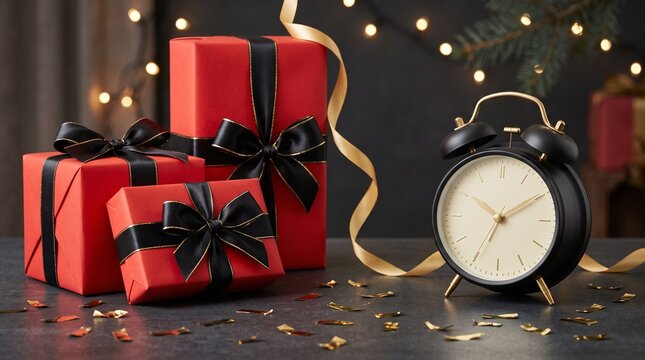 Festive gift boxes tied with black ribbon sit next to a vintage alarm clock, with a Christmas tree and bokeh lights in the background. Confetti is scattered across the surface.