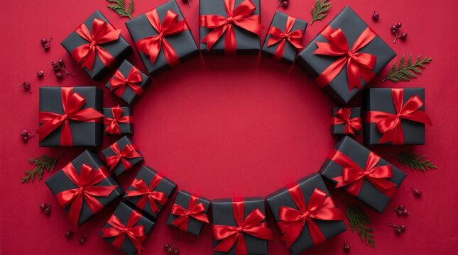 A collection of dark gift boxes with red ribbons arranged in a circular pattern on a vibrant red background, accented with sprigs of greenery and berries.