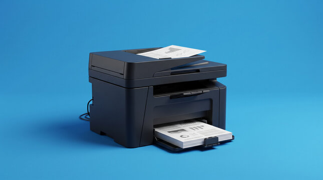 Black multifunction printer with printed business documents on blue studio background. Concept of office equipment, office printer, laser printer, scanner, photocopier, printing paper, paperwork.
