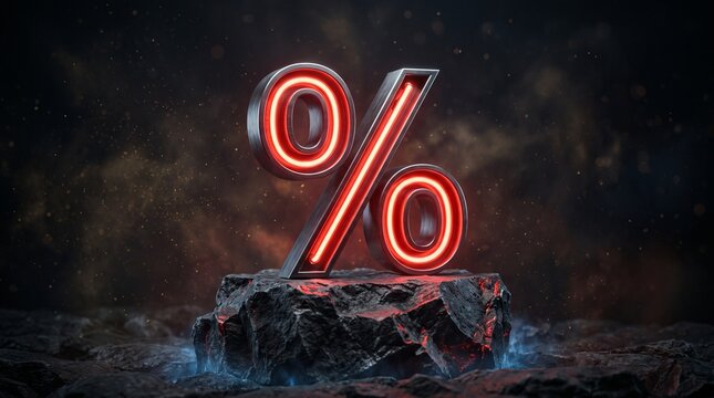 A neon percentage sign glowing red sits atop a rocky platform. The background is dark and smoky, with hints of blue light.