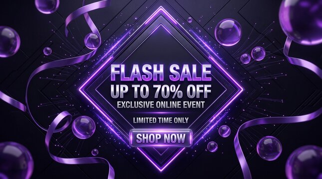 Flash Sale announcement graphic with purple neon diamond frame, ribbons, and bubbles, advertising up to 70% off an exclusive online event, with a Shop Now button