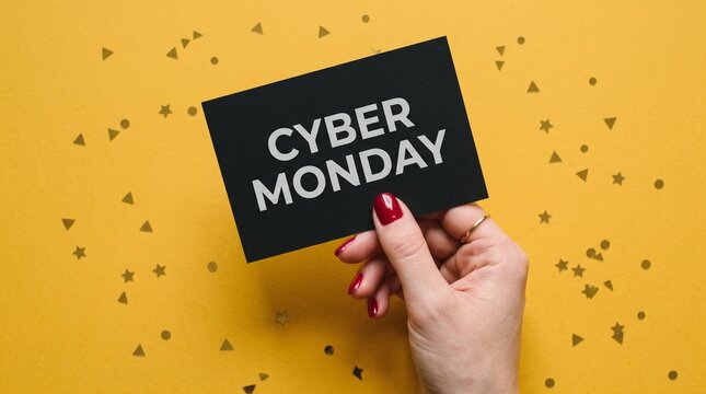 A hand holding a black card with CYBER MONDAY written in white, against a vibrant yellow background adorned with golden confetti.