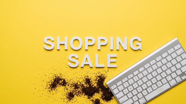 SHOPPING SALE text with a keyboard and spilled coffee grounds on a bright yellow background. This image evokes the concept of online shopping and the need for a break.