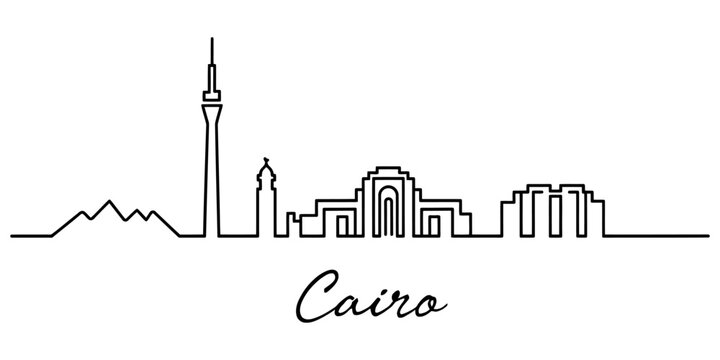 Cairo city skyline continuous line art design includes pyramids tower and mosque landmarks for egyptian travel themes.