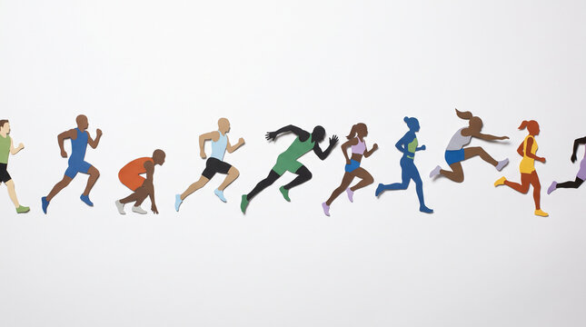 Colorful Paper Cutout Sequence of Diverse Athletes and Runners Sprinting on White Background. Concept of running, track and field, marathon, sports. Copy space.