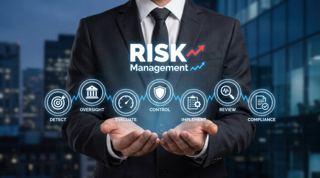 Businessman presenting digital risk management process with compliance, control and evaluation icons in corporate setting.
