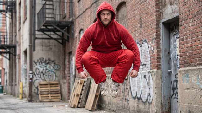 Athletic young man in red tracksuit jumping high in urban alley. Concept of red clothing, urban dancer, breakdancer, parkour, street dance, hip hop.