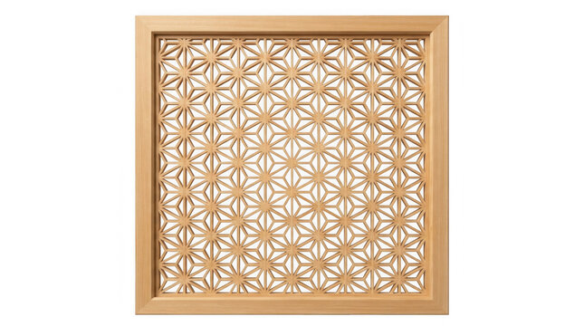 Japanese kumiko wooden lattice panel with asanoha pattern isolated on transparent background
