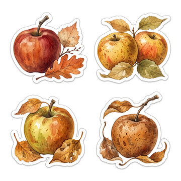 Autumn harvest stickers, heirloom apples. Soft vintage watercolor with subtle gouache texture. Hand drawn art, isolated on white backdrop.