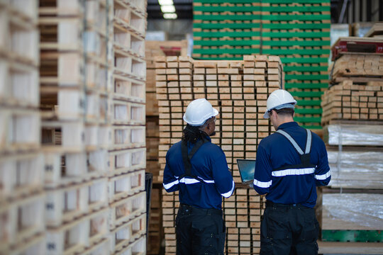 Checking lumber inventory in a warehouse, two coworkers review a laptop in front of timber stacks on wooden pallets.