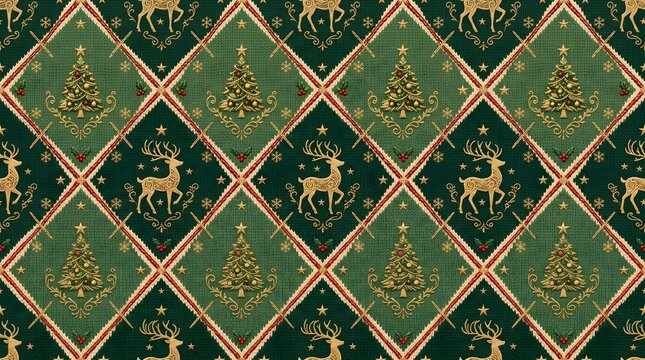 Seamless Christmas pattern featuring golden reindeer and decorated trees on a green argyle design.