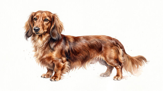 Watercolor painting of long-haired Dachshund standing in profile, short legs, silky chestnut-and-tan coat and feathered ears, expressive brushwork. Isolated on white backdrop.