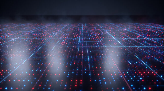 Futuristic digital floor grid glowing with neon red and blue light dots in dark studio. Concept of cyber background, technology, abstract, data network, perspective grid.