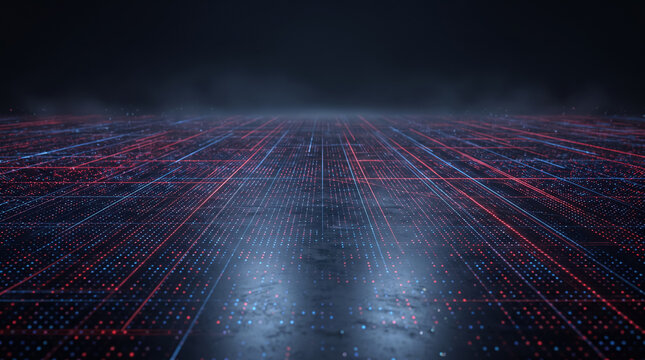 Futuristic digital floor perspective with glowing neon grid and cyber data lines. Concept of cyber background, data flow, tech perspective, circuit board, technology. Copy space.