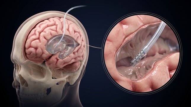 Detailed diagram illustrating a brain implant device inserted into a human skull, with a magnified view of the neural interface within the brain tissue.