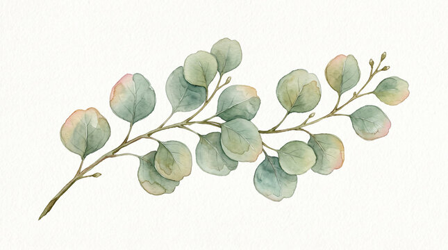 Watercolor painting of graceful eucalyptus sprig with rounded sage-green leaves. Nature and botany concept. Hand drawn art isolated on white backdrop.