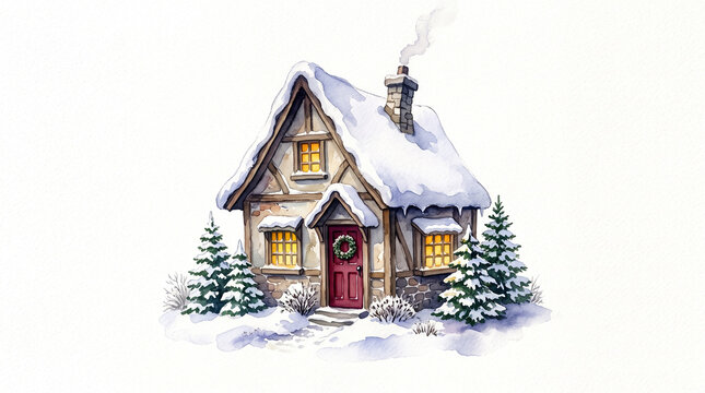 Charming tiny winter cottage with snow-covered roof, glowing golden windows, green fir trees. Cozy storybook charm, watercolor painting, soft natural pigments, intricate hand-painted details, isolated