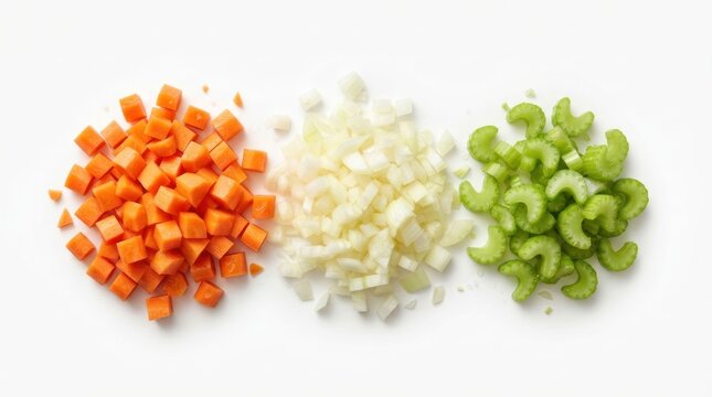 Chopped fresh vegetables including carrots onions and celery arranged in rows.