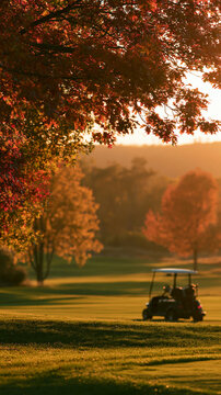 a serene golf course during autumn. The main subject is a golf cart, positioned on a wellmaintained green, bathed in the warm glow of the setting sun. The golf cart is black with a white roof.