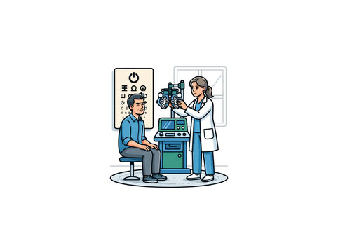 Optometrist Examining Seated Mans Eyes With Phoropter Beside Eye Chart And Vision Testing Equipment Vector Illustration