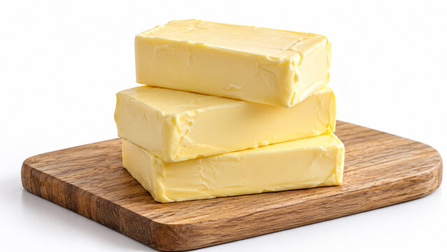 Stack of fresh yellow butter blocks on wooden cutting board over white background. Concept of dairy product, margarine, fat. Copy space.