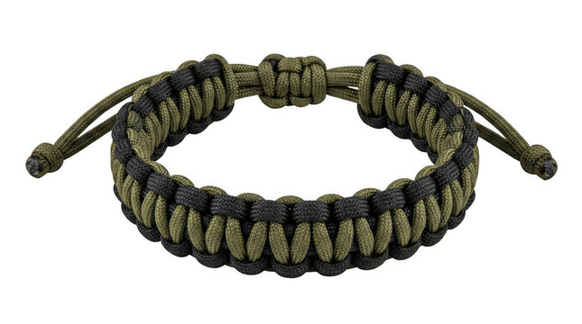 Olive green paracord bracelet with adjustable knot isolated on transparent background