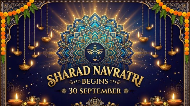 Shardiya Navratri Begins 30 September &ndash; Luxury Blue and Gold Goddess Durga Festival Poster with Diya Lamps